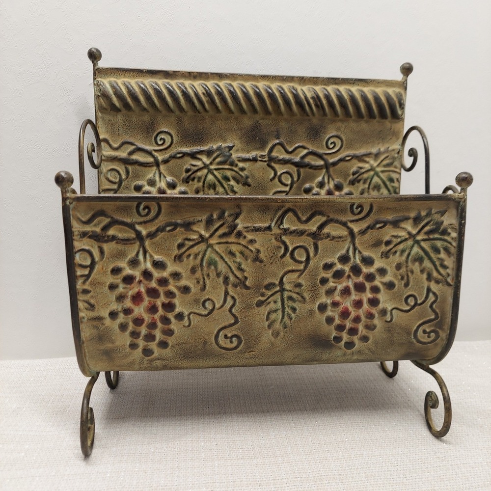 Vintage Metal Magazine Rack Embossed Grapes Vine Rustic Gold Wrought Iron Style
